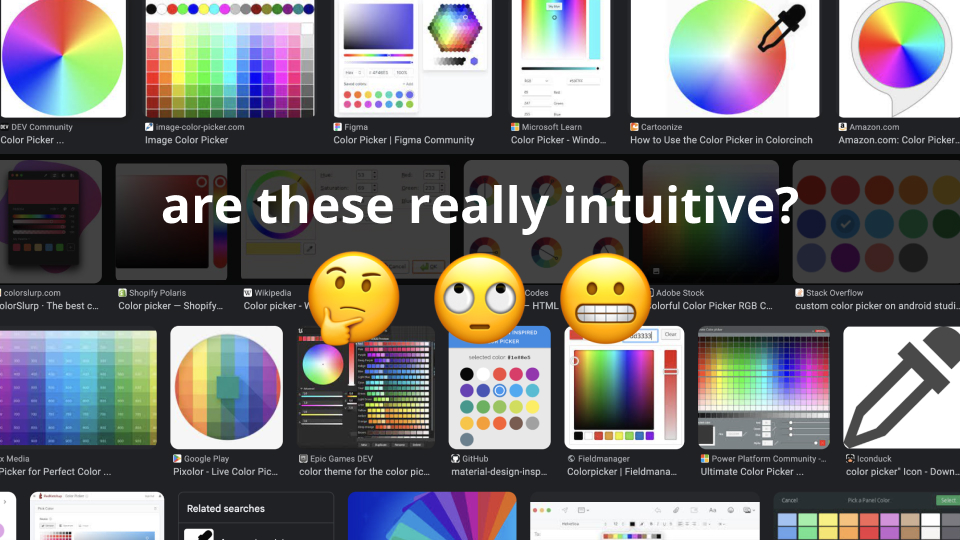 A grid of digital color picker interfaces