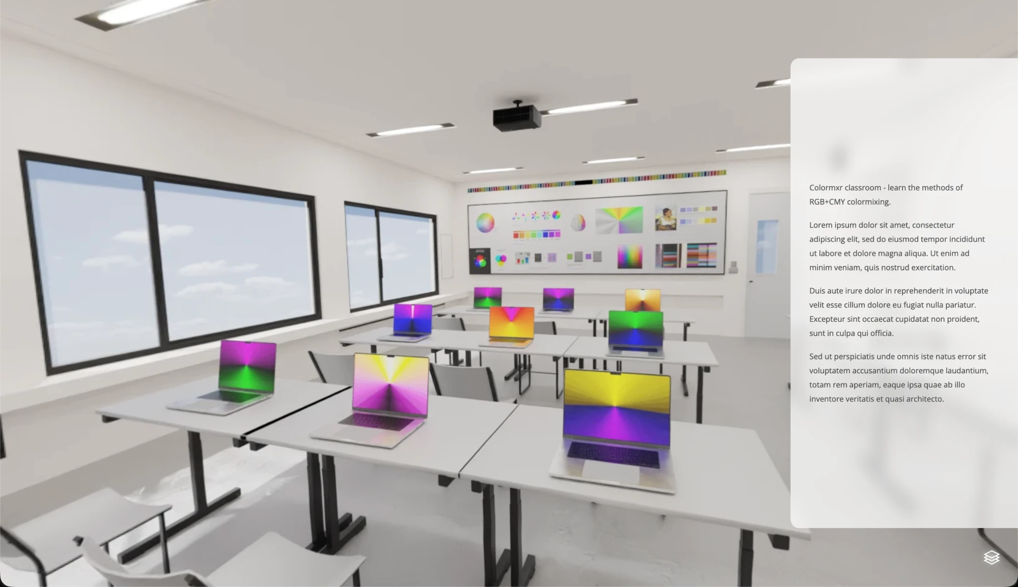 Colormxr Classroom: desks of laptops showing color gradients
